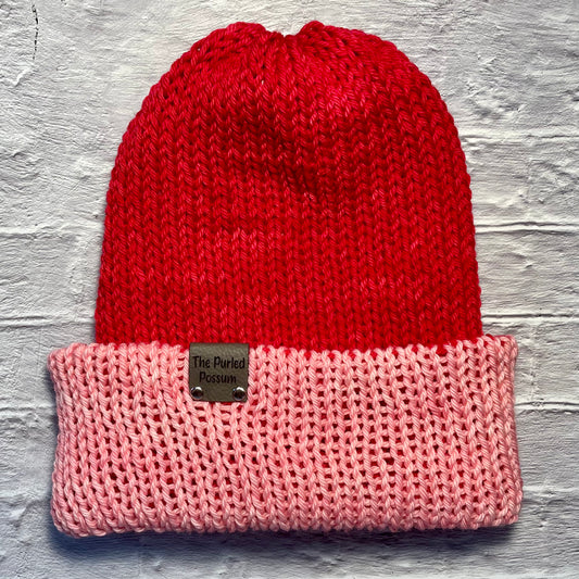 Red and Pink - Double Layer Reversible Superwash Worsted Wool Hat